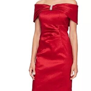 Alex Evenings Off-Shoulder Red Midi Sheath Dress